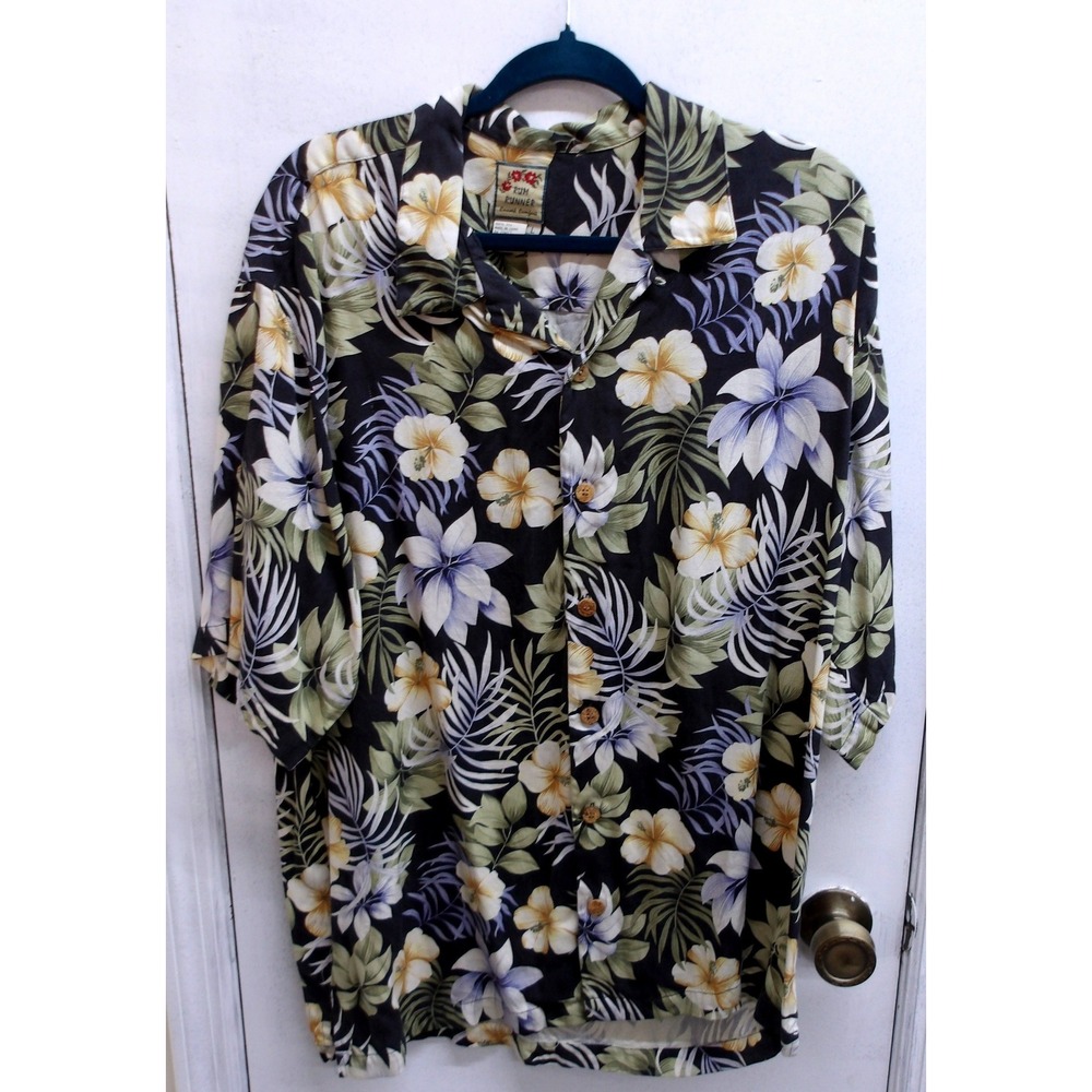 Rum Runner Mens Large 100% Silk Tropical Hawaiian Shirt Black / #26363